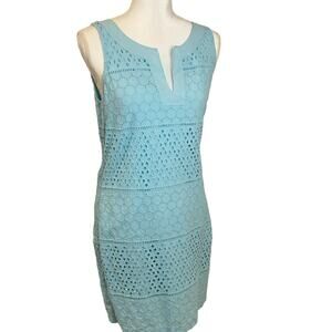 Banana Republic light blue teal eyelet summer dress flattering 8 wedding guest
